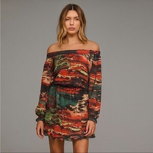NEW R Cinco Ranch Off Shoulder Abstract Print Elastic Waist Dress S Boho